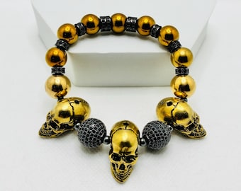 Men's Golden Brass Skull Bead Bracelet with Black CZ Beads and Gold-Plated Hematite Gemstones
