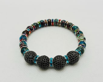 Men's Imperial Jasper Beads with Gunmetal CZ Micro Paved Beads, Rainbow Bracelet