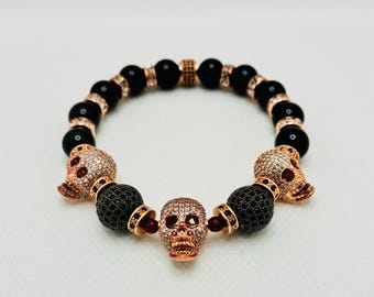 Roségouden herenarmband met CZ-schedels en zwarte onyx kralen, gotische strass-sieraden