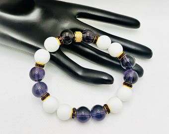 Gemstone Bracelet with Purple Amethyst Glass Stone & White Agate Beads, Rhinestone Spacers