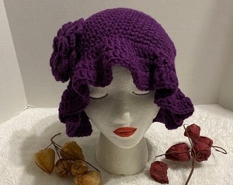 Purple Crochet Bucket Hat with Flower: Handmade Acrylic Beanie