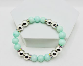 Gemstone Bracelet Aqua Blue Jade Beads & Silverplated Hematite, Custom Stretch Jewelry Unisex