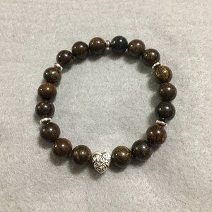 Bronzite Gemstone Bracelet with Love Heart Charm & Hematite Spacers