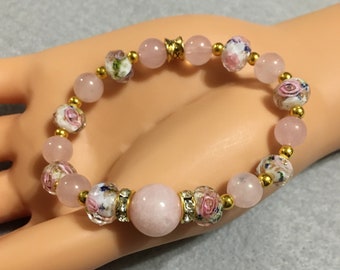Handmade Jewelry Rose Quartz Bracelets for Women with Lampwork Glass Beads - Gifts for Women - Gift for Her