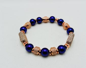 Rose Gold Purple Glass Luster Pearl Bracelet, Micro Paved CZ Bar Bead & Barrel Beads
