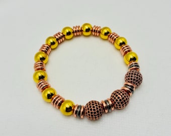 Men's Gold-Plated Hematite Gemstone Bracelet, Rose Gold Micro Paved Black CZ Beads & RG Spacers