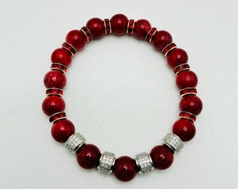 Men's Jade Bracelet with 10mm Cranberry Red Gemstones & Silver CZ Barrel Beads Handmade Jewelry