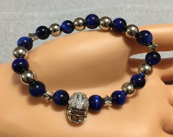 Dallas Cowboys Mens Bracelet - Blue Tigers Eye Gemstone Beads - White Gold Stars & Silver Football Helmet