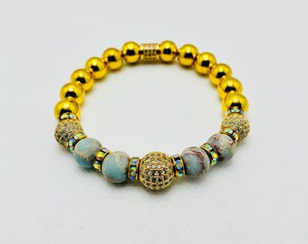 Men's Jasper & Hematite Gemstone Bracelet with Micro Paved Gold/Brass CZ Bling Beads