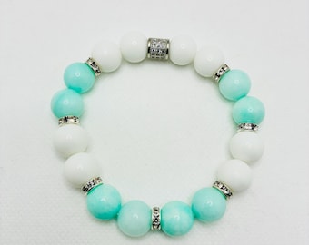 Men's Bracelet Aqua Blue Jade & White Agate Gemstone Beads - CZ Barrel Bead, Rhinestone Spacers