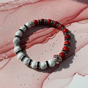 Red, Turquoise Howlite Beaded Bracelet Silver Rhinestone Charm Handmade Gemstone Jewelry Women Men