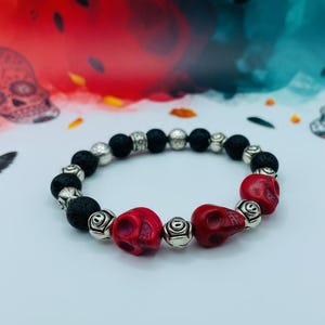 Lava Rock Bracelet for Men with Skulls and Metal Flowers Custom Handmade Jewelry