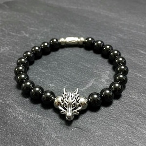 Silver Wolf Charm Bracelet Hematite Gemstone Beads Gothic Gifts for Men Women