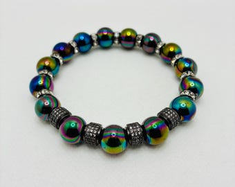 Men's Black AB Iridescent Glass Beaded Bracelet, Gunmetal Clear Cubic Zirconia Beaded Jewelry Gift