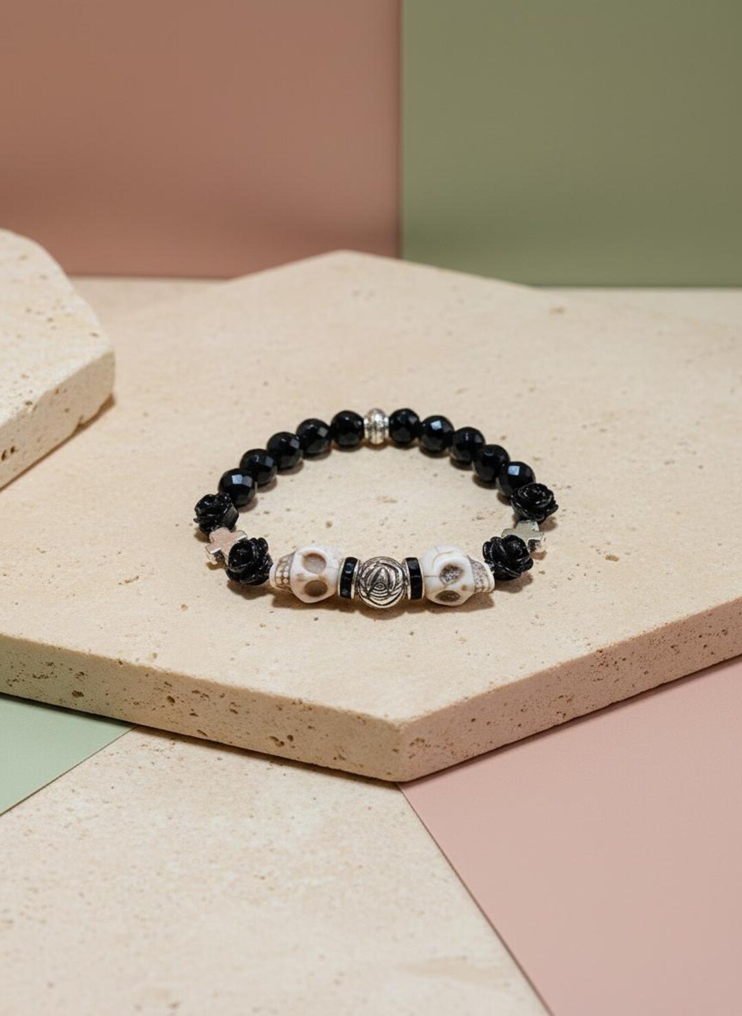 Mens Skull Bracelet Onyx and Silver Cross Charm - Gothic Jewelry
