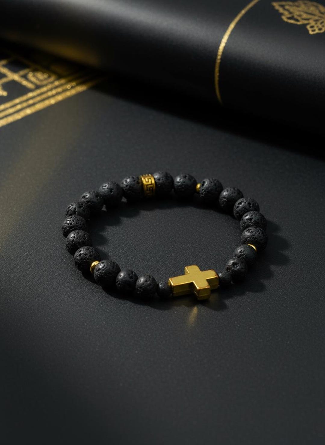 Religious Cross Bracelet With Lava Rock & Onyx Gemstone Beads