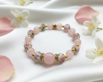 Handmade Rose Quartz Bracelet with Lampwork Floral Glass Beads - Victorian Style Women's Jewelry Gift