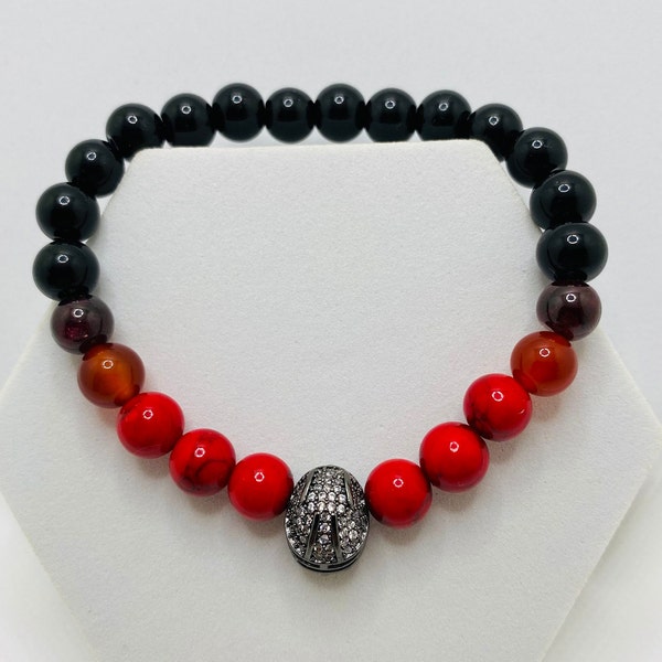 Atlanta Falcons Mens Bracelet with CZ Inlaid Football Helmet and Red Turquoise & Black Onyx Gemstone Beads