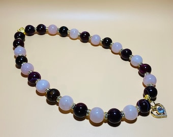 Womens Necklace, Heart Charm Necklace with Rose Quartz & Agate Gemstone Beads, Gift for Women