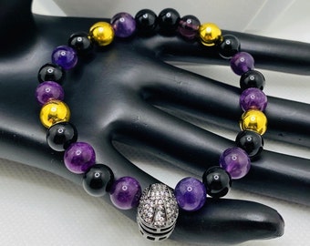 Mens Bracelet Baltimore Ravens Custom Jewelry with Football Helmet & Gemstone Beads, Gifts for him