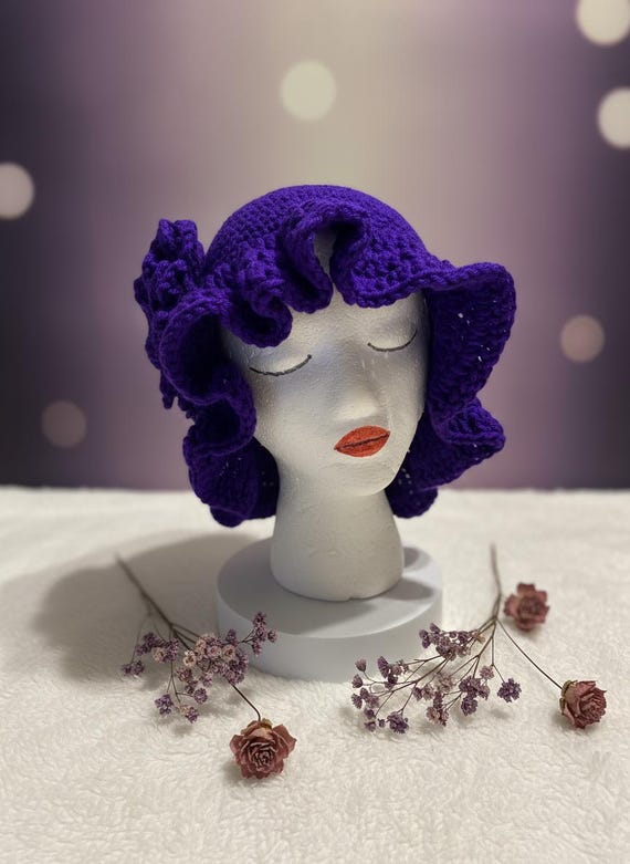 Handmade Violet Crochet Bucket Hat With Flower - Women display picture 2