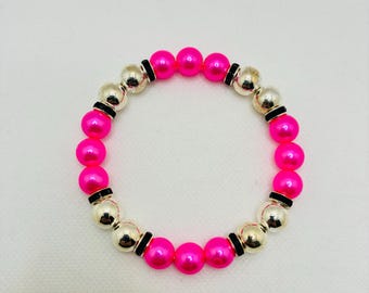 Gemstone Bracelet Pink Resin Pearl Beads & Silverplated Hematite, Custom Stretch Jewelry Unisex