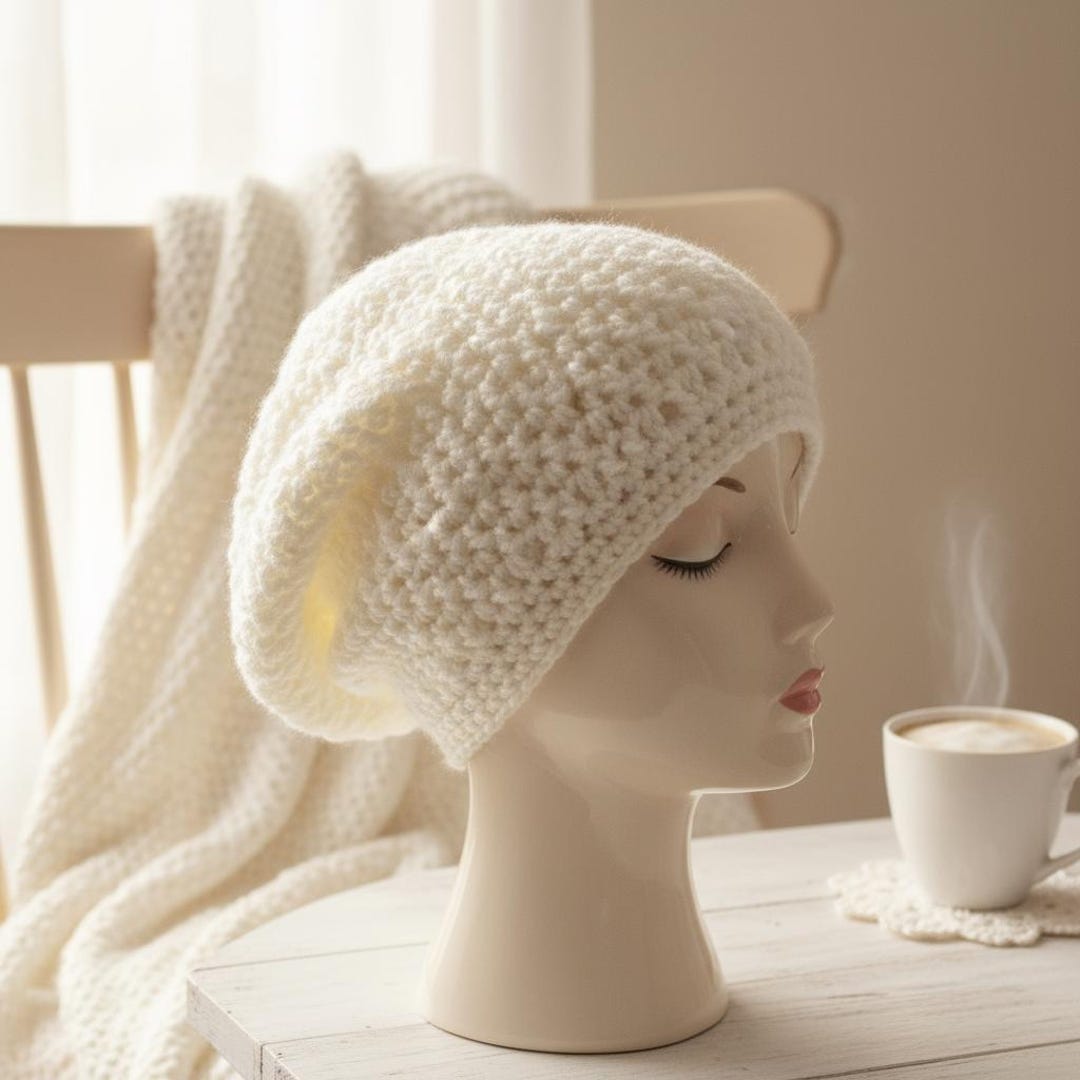 Handmade Crochet Slouchy Beanie White Acrylic Winter Hat  display picture 2