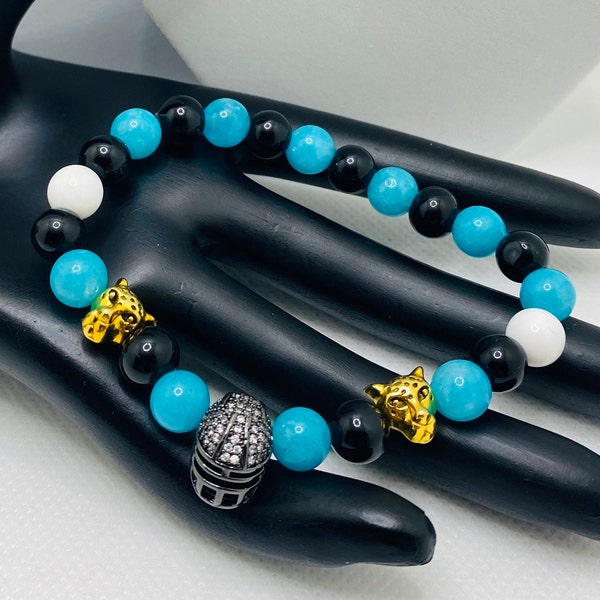 Jacksonville Jaguars Bracelet with Gold Jaguar Charm & CZ Football Helmet - Teal Jade, Black Onyx Gemstone Beads