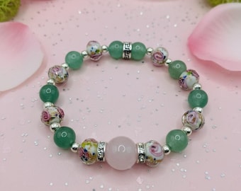 Rose Quartz Bracelet Green Aventurine & Lampwork Glass Beads - Hematite Gemstone Jewelry