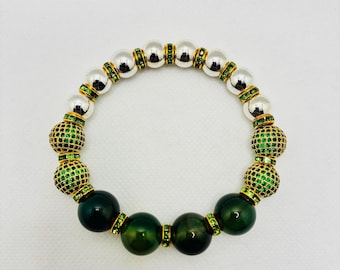 Men's Bracelet Green Agate Gemstone Beads, Gold Micro Paved Grn CZ Beads & Silver Hematite