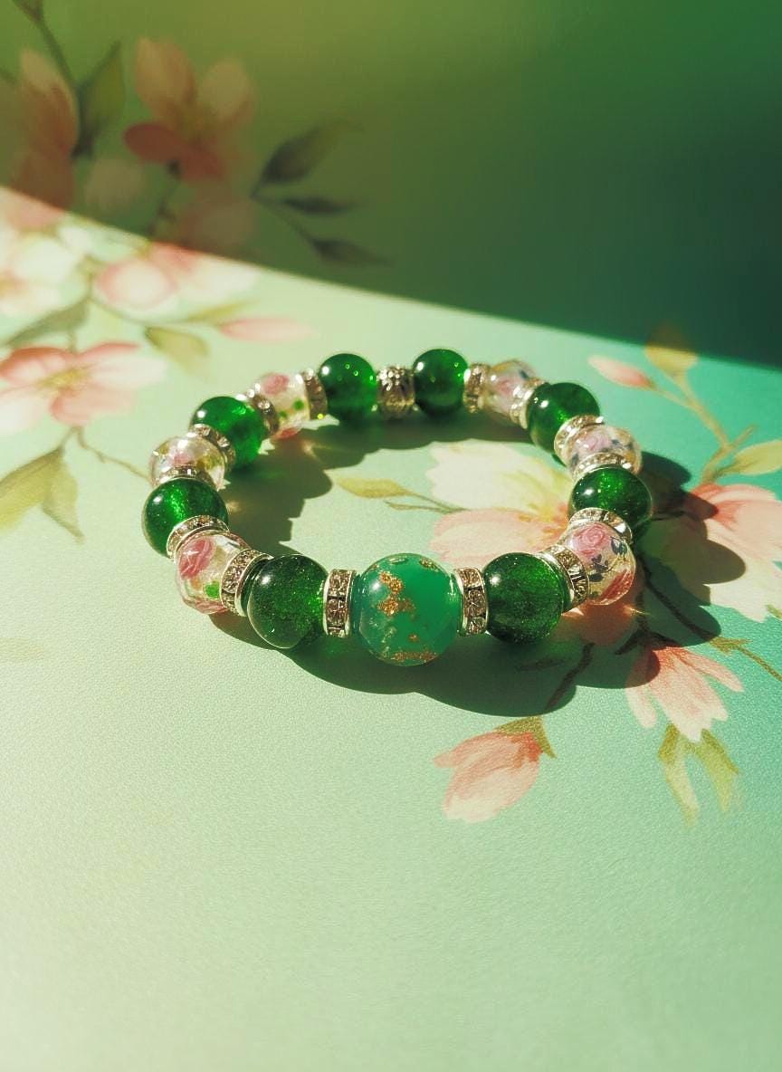 Handmade Lampwork Glass Flower Bracelet With Green Crystals