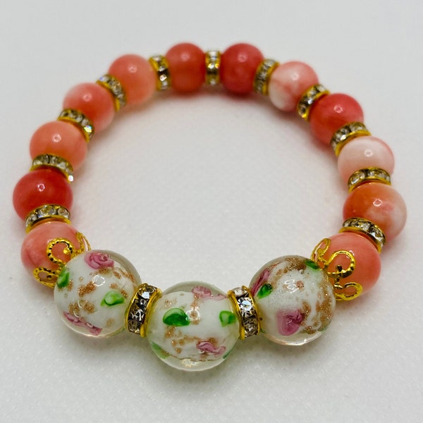 Jade Bracelet with Lampwork Pink Glass Beads & 18k gold Sparkling Rondelles - Pink Bracelet - Jade Jewelry
