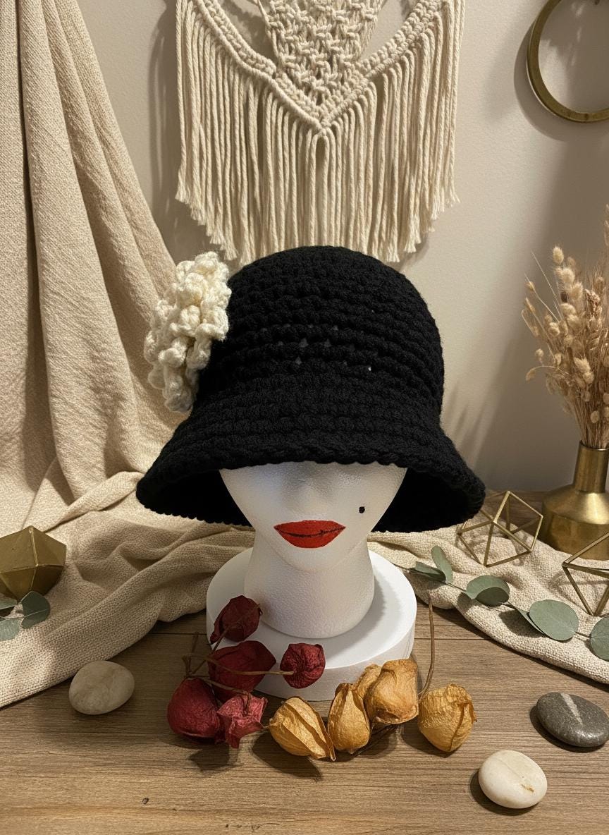 Black Crochet Bucket Hat: White Flower Accent, Handmade Acrylic