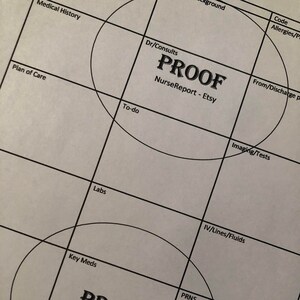 May include: A printable nursing note template with two circles labeled "PROOF NurseReport - Etsy" and divided into sections for medical history, plan of care, labs, key meds, GI/GU, cardiac, respiratory, to-do, Dr/Consults, IV/Lines/Fluids, PRNS, code, allergies, background, from/discharge page, and imaging/tests.