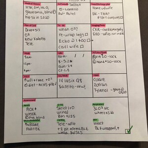 May include: A handwritten medical chart with a patient's information, including their name, date of birth, medical history, diagnosis, and treatment plan. The chart includes details about the patient's vital signs, medications, and assessments.