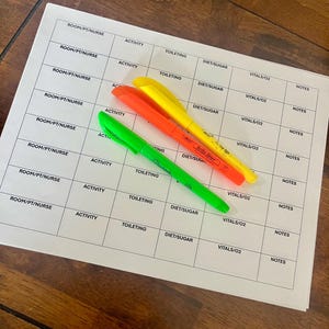 Puede incluir: Una hoja de papel blanca con una cuadrícula de columnas etiquetadas "ROOM/PT/NURSE", "ACTIVITY", "TOILETING", "DIET/SUGAR", "VITALS/O2" y "NOTES". Tres rotuladores, uno verde, uno naranja y uno amarillo, están sobre el papel.