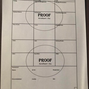 May include: A black and white printable nurse report template with the word "PROOF" in bold text. The template is divided into sections for patient information, medical history, assessments, and more.