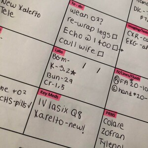 May include: A handwritten medical chart with a pink heart symbol, a list of medications, and a to-do list. The to-do list includes items such as "wean 02?" and "re-wrap legs".