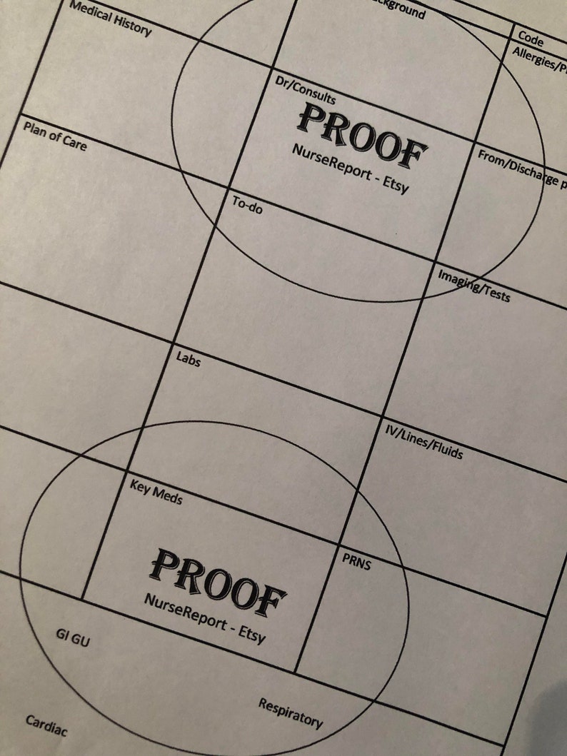 May include: A printable nursing note template with two circles labeled "PROOF NurseReport - Etsy" and divided into sections for medical history, plan of care, labs, key meds, GI/GU, cardiac, respiratory, to-do, Dr/Consults, IV/Lines/Fluids, PRNS, code, allergies, background, from/discharge page, and imaging/tests.