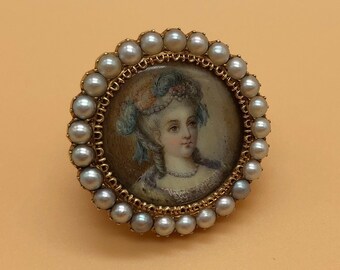 Rare Antique 14k Gold 1700s Georgian Rococo Portrait Brooch w/ Pearls