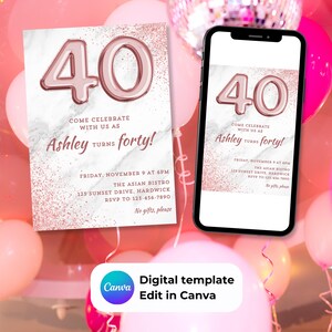 Digitale Einladung zum 40.Geburtstag, Rosegold Einladung zur 40.Geburtstagsfeier, Einladungsvorlage zum 40. Geburtstag, druckbare Einladungskarte