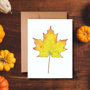 Yellow Watercolor Maple Leaf Card: Autumn Botanical Notecard