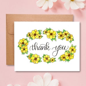 Yellow Floral Thank You Card, Flower Thank You Notecard, Yellow Floral Stationery, Calligraphy Thank You Card, Nature Inspired Thank You