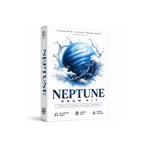 May include: A white box with the text "NEPTUNE DRUM KIT" in navy blue. The box features a blue planet surrounded by water and clouds. The text "TRAP & MODERN HIP HOP SOUNDS" is also included.