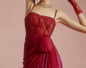 Anthropologie Rose and Red Ruched Draped Mini Holiday Dress, Size 4