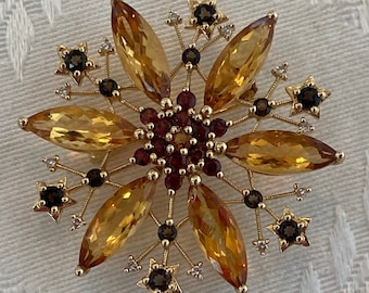 Vintage Starburst 14K Citrine, Garnet and diamond pendant, brooch