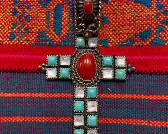 Large Southwestern Turquoise & Coral Cross Pendant, 925