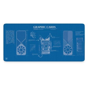 May include: A blue blueprint style graphic design illustration of a graphic card with a detailed diagram of the components and features. The text "GRAPHIC CARDS" is at the top of the image.