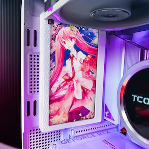 May include: A custom computer case featuring a vibrant anime-style illustration of a female character with long pink hair and a traditional Japanese outfit. The case has a white frame and is illuminated with purple lighting.