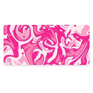 May include: Pink and white abstract marble pattern mousepad. The mousepad has a pink and white swirl design.